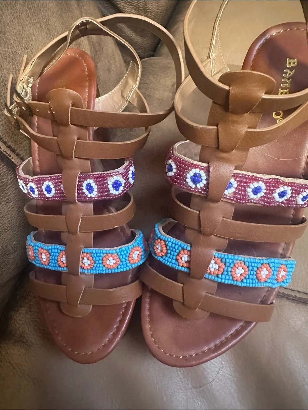 BAMBOO Tan Brown Platform Wedge Sandals with Turquoise & Purple Beaded Straps